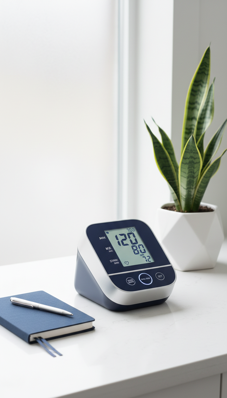A contemporary digital blood pressure monitor in brushed silver and navy blue, positioned on a flawless white countertop beside a closed, navy-blue notebook and a geometric ceramic pot with a minimalist plant. The device’s illuminated screen displays reassuring numbers, while subtle control buttons hint at advanced technology. Natural window light diffuses through frosted glass in the background, creating gentle, balanced highlights across smooth surfaces. Framed with asymmetrical balance from a front three-quarter angle, this scene conveys medical precision and a clean, modern corporate aesthetic, bolstering the site’s authority in preventive health monitoring.