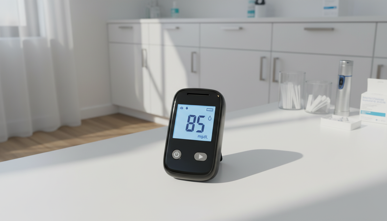 A sleek, digital glucometer with a crisp LCD display, its glossy black casing resting on a neatly organized white desk surface. The background shows a blurred, modern medical consultation room with clean white cabinetry, stainless steel accents, and glass containers holding test strips, all arranged with precision. Soft diffused daylight from a nearby window gently illuminates the scene, creating subtle reflections on the device’s surface and casting delicate, elongated shadows. The photographic composition uses a slightly elevated angle and shallow depth of field, emphasizing the glucometer’s elegant form and technological sophistication. The overall style is professional, clean, and exudes trust—perfect for a business-focused medical landing page.