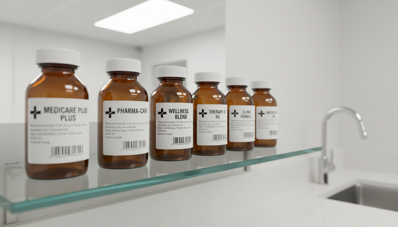 A tidy row of amber pharmacy bottles with neatly printed white labels, arranged precisely in a gleaming glass shelf within a professional clinic setting. Subtle textures on the sleek, reflective glass and the smooth, matte finish of the bottles contribute to an atmosphere of order and safety. Soft, cool artificial lighting from overhead panels ensures even illumination, eliminating harsh shadows and creating an inviting, reassuring ambiance. Captured at an eye-level angle with sharp focus and a structured composition using the rule of thirds, the image embodies corporate cleanliness, reinforcing themes of pharmacologic expertise for a medical consultation website.